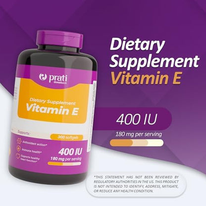 Prati Donaduzzi Vitamin E supplement packaging showing nutritional facts label and 400 IU dosage