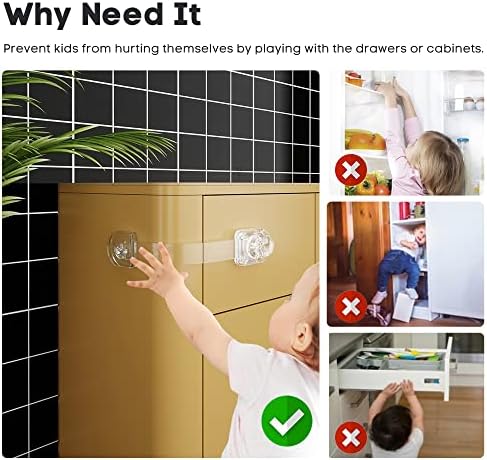 Transparent childproof strap locks installed on a white kitchen drawer surface.