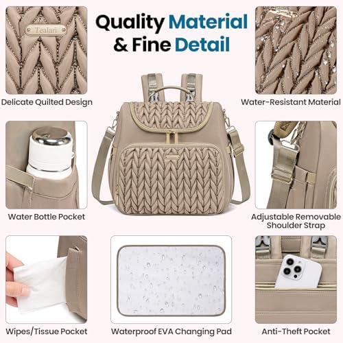 Tealari water resistant maternity bag hanging from a pram using the integrated stroller straps.