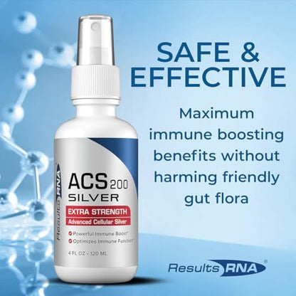 Authentic USA imported Results RNA colloidal silver container standing upright against a clean background