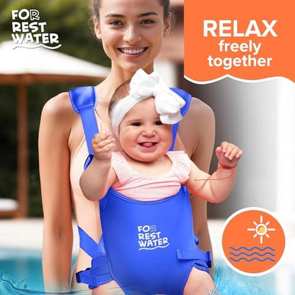 Quick drying neoprene baby carrier being used safely near shallow pool water