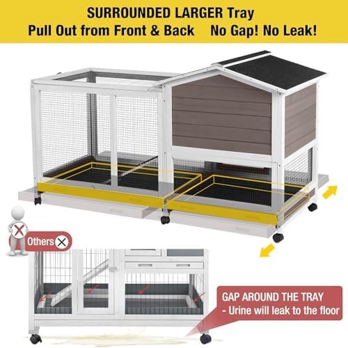 Aivituvin Rabbit Hutch 62" Rabbit Cage Indoor Outdoor Chicken Coop Guinea Pig Cage on Wheels Bunny Cage with 3 Deep No Leakage Pull Out Tray,Waterproof Roof (Brown) - Image 6