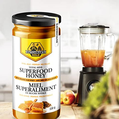 Unfiltered Canadian raw honey blend with bee pollen and royal jelly nutrition label view.