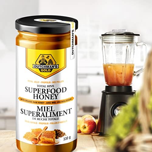Unfiltered Canadian raw honey blend with bee pollen and royal jelly nutrition label view.