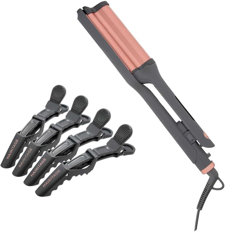 Hairitage 1 Catch The Wave Deep Curling And Crimping Iron front view showcasing ceramic plates