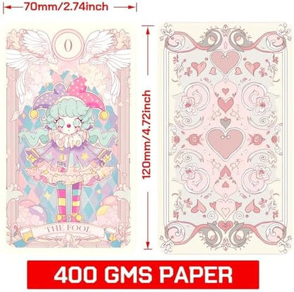 Han Yu Bowen pink aesthetic tarot cards fanned out on a white fabric surface.