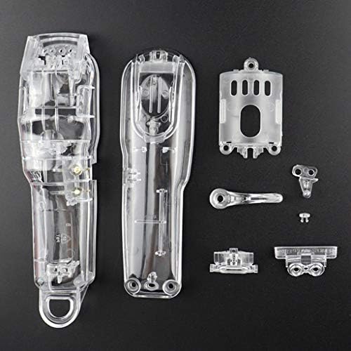 Side angle of the assembled clear hair trimmer shell showing power switch placement.