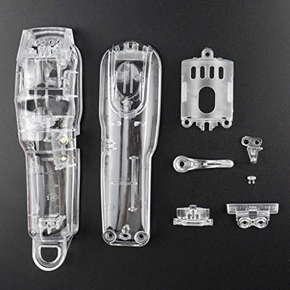 Side angle of the assembled clear hair trimmer shell showing power switch placement.