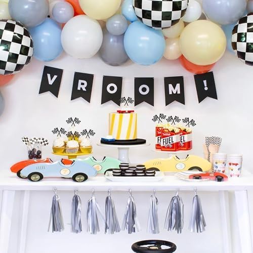 Top view of 24 piece race car theme cupcake toppers pack