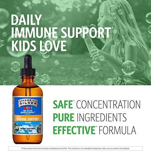 Sovereign Silver Kids Bio Active Silver Hydrosol liquid supplement label detailing the 10 ppm concentration.