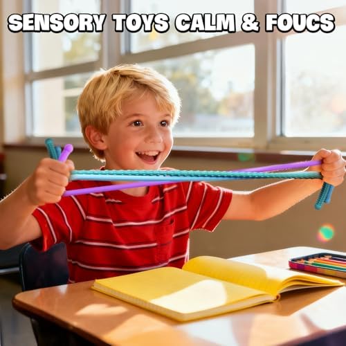 Pocket sized quiet stress relief strings neatly folded next to a school backpack
