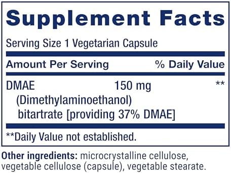Back label of Life Extension DMAE showing supplement facts and clean vegetarian ingredients list.