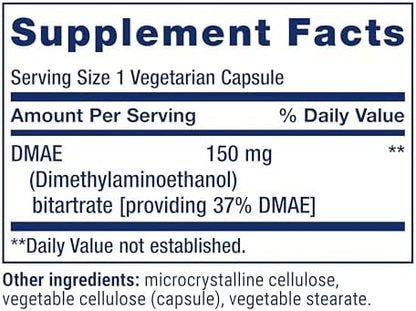 Back label of Life Extension DMAE showing supplement facts and clean vegetarian ingredients list.
