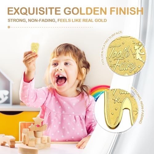 Heavy zinc alloy fairy coins arranged neatly next to a premium keepsake gift packaging