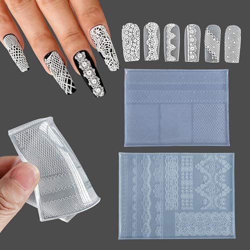 WOKOTO 3D lace nail art silicone molds front view showing transparent templates