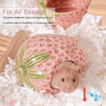 Ceramic Hamster Hideout, Strawberry Hamster House and Habitat, Syrian Hamster Hideout Decor Cool Bed for All Season Gerbil, Mice Guinea Pig - Image 4