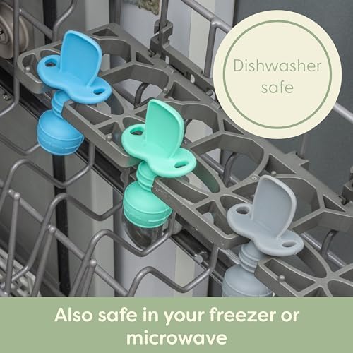 UpwardBaby baby spoons showing the flexible food grade material and ventilation holes on the safety shield.