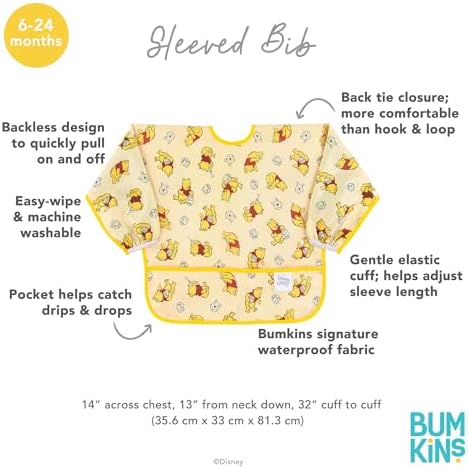 Bumkins Winnie the Pooh sleeved bib displayed flat showing the full single ply fabric design
