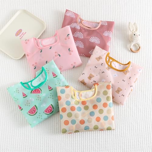 Five different cartoon print designs of Hafftnun baby bibs with sleeves spread out