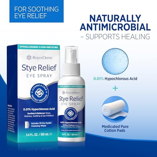 Hypochlorous acid eyelid cleanser mist with thirty dry wipes for eye hygiene.