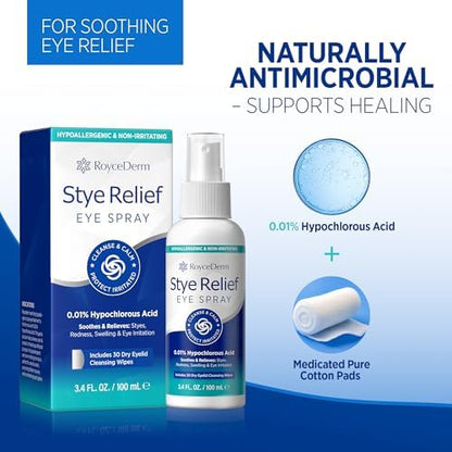 Hypochlorous acid eyelid cleanser mist with thirty dry wipes for eye hygiene.