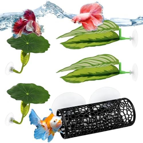 Soft plastic green leaf hammocks attached to tank wall mimicking natural betta resting spots.