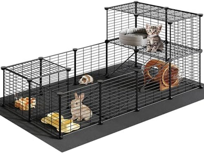 HOOBRO 24 Panels Guinea Pig Cage with Waterproof Mat and Ramp, 57" x 31.5" x 23.6" Loft Design Small Animal Playpen, Rabbit Cage, Bunny Cage, Pet Playpen, Indoor Outdoor Yard Fence, Black BK03PP03 - Image 2
