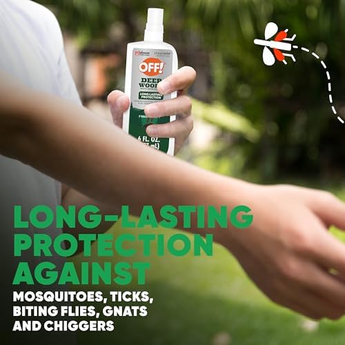 OFF! Deep Woods maximum strength mosquito repellent bottle showcased against an outdoor hiking background.