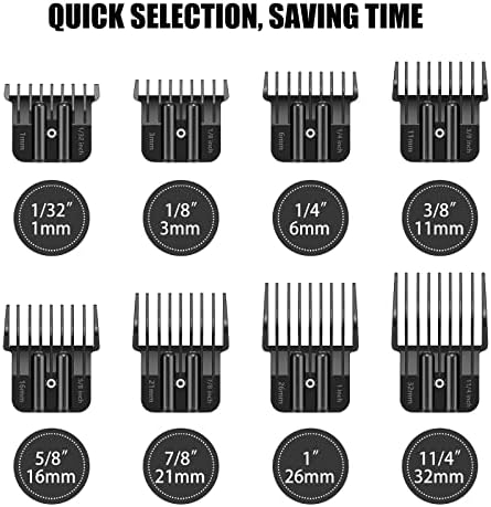 Amorka replacement guards for BaBylissPRO FX787 trimmer displayed in a neat row from smallest to largest cutting size.