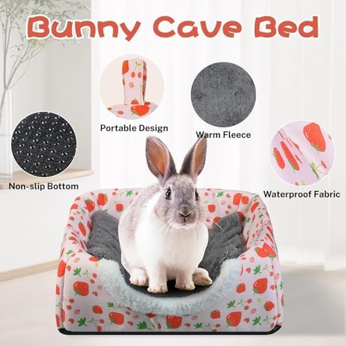 Warm Rabbit Hideout, Washable Bunny Bed & Hideaway House with Strawberry Design, Cozy Fleece Hut for Indoor Rabbits Guinea Pigs and Other Small Animals - Image 3