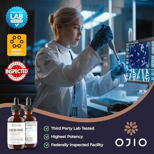 Ojio Lugols high potency liquid drops being diluted into a glass of water