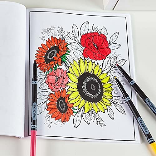 Open page of the Crayola flower coloring book displaying detailed line art of floral bouquets