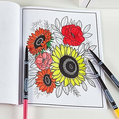 Open page of the Crayola flower coloring book displaying detailed line art of floral bouquets