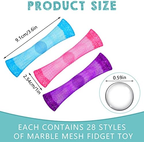 Assorted colorful marble mesh sensory toys spread out on a desk