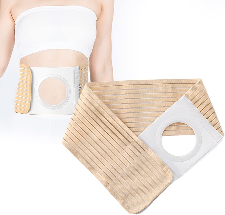 Heagimed ostomy hernia support belt front view showing beige elastic fabric and reinforced stoma opening.