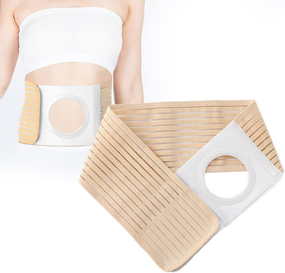 Heagimed ostomy hernia support belt front view showing beige elastic fabric and reinforced stoma opening.