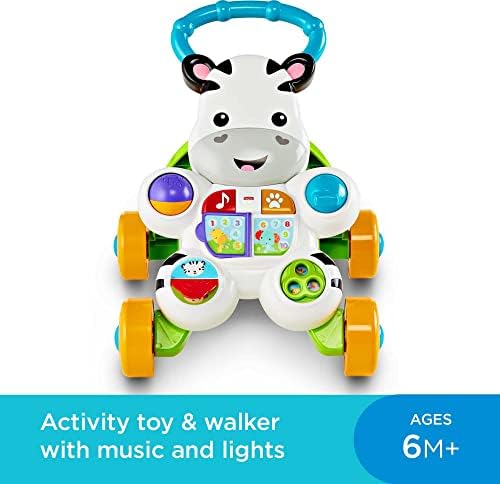 Side angle of the interactive baby push walker displaying the sturdy wheel base.