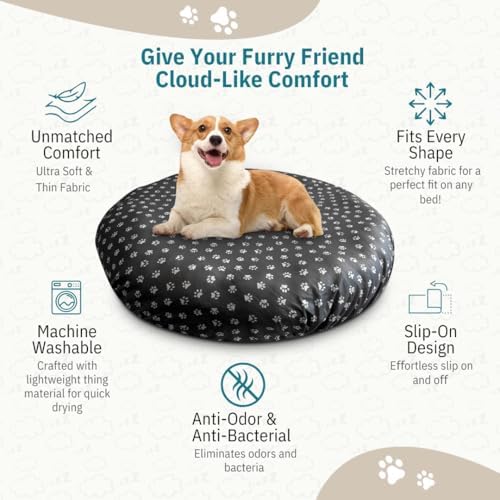 Waterproof pet mattress protector cover being placed over a large round cushion