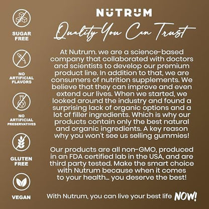 Nutrum Biotech cellular health product information panel displaying sixty vegetarian capsules dosage directions.