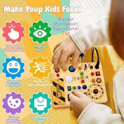 Compact HarVow wooden busy board travel toy held in small palms for portable screen free entertainment