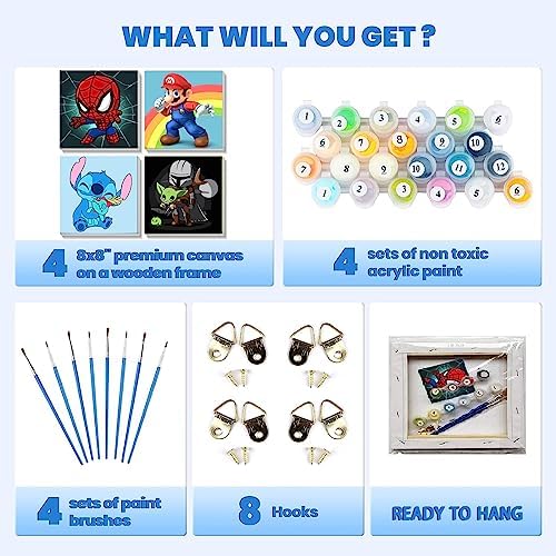 Children paint by numbers set by KOJEFCV showcasing the clear numbered sections on a Spider-Man canvas design