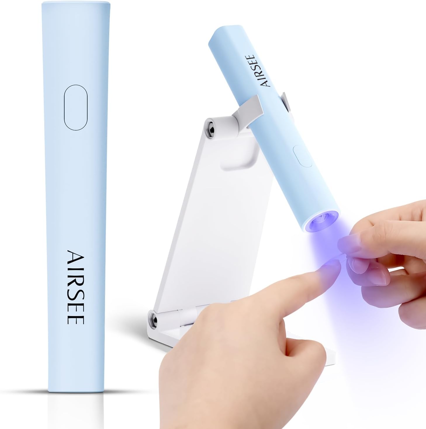 AIRSEE Mini Handheld UV Light front view showing compact blue design with foldable stand