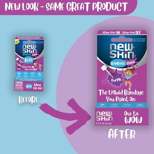 New Skin Kids purple liquid bandage paint applied to a child knee scrape for waterproof protection