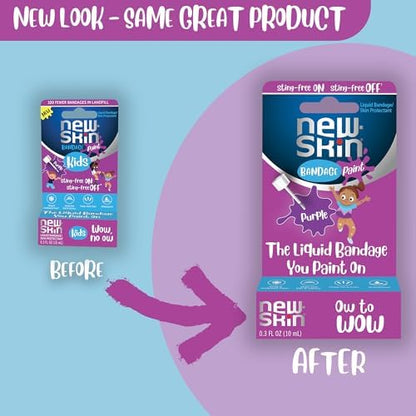 New Skin Kids purple liquid bandage paint applied to a child knee scrape for waterproof protection