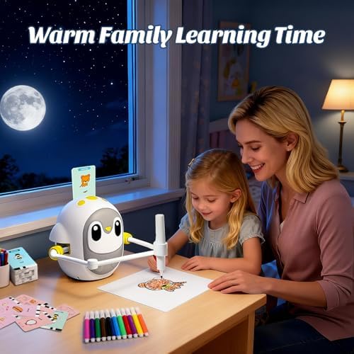 Childrens robotic art tutor demonstrating how to insert cards into the scanner slot