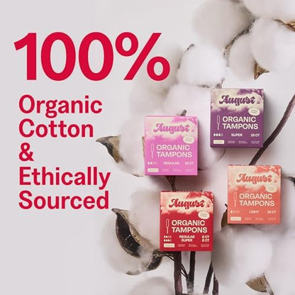 Individual August light tampon wrappers showing the fragrance-free and hypoallergenic labels.