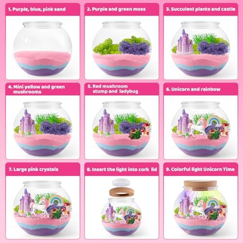 JOYEEMAX Unicorn Light-Up Terrarium Kit for Kids - LED Night Light Birthday Gift for Girls Ages 4 5 6 7 8-12 Year Old - Unicorn Toys for Girls - DIY Arts and Crafts Kit for Kids - Image 5