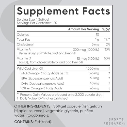 Sports Research Alaskan Cod Liver Oil 1000 mg nutrition facts label showing vitamin ingredients