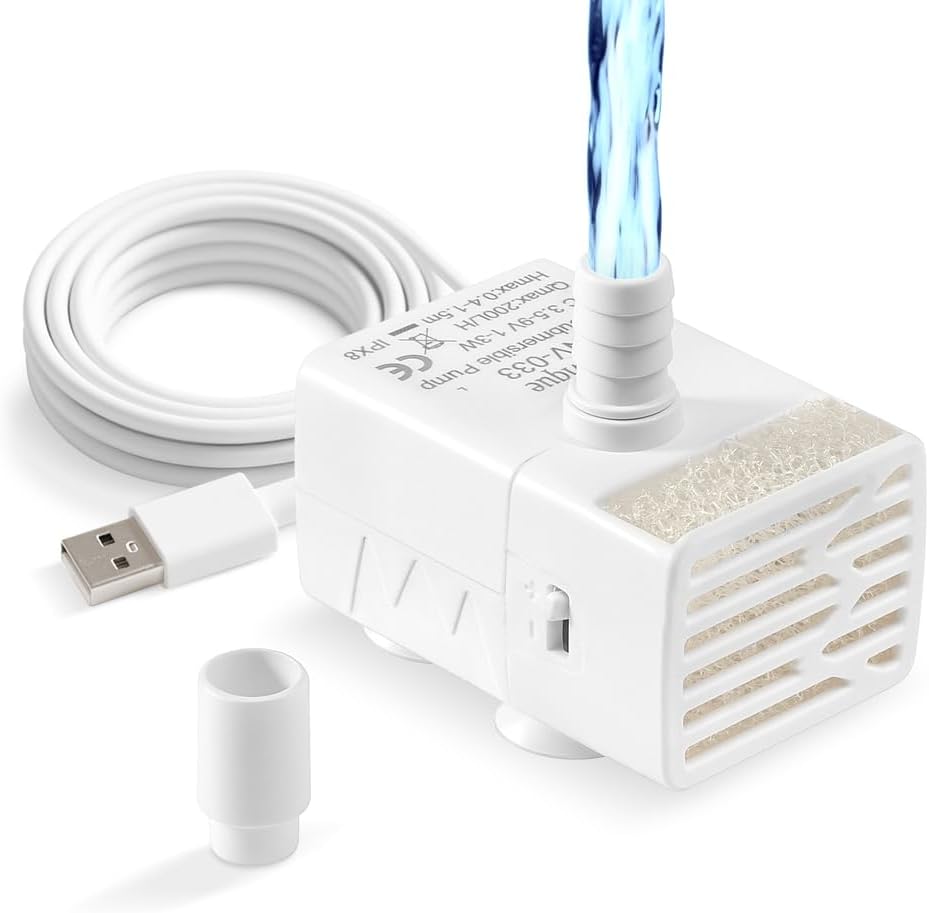 Novique submersible water pump front view showcasing compact white housing and brand logo for home aquariums.