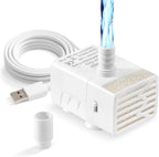 Novique submersible water pump front view showcasing compact white housing and brand logo for home aquariums.